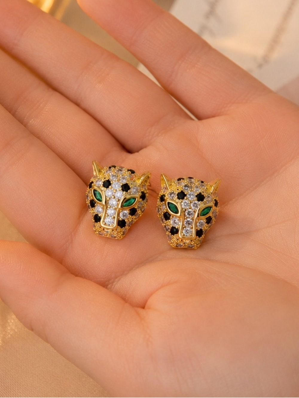 Crystal Panther Head Stud Earrings Gold • Emerald Eye Leopard Earrings - Picture 4 of 4